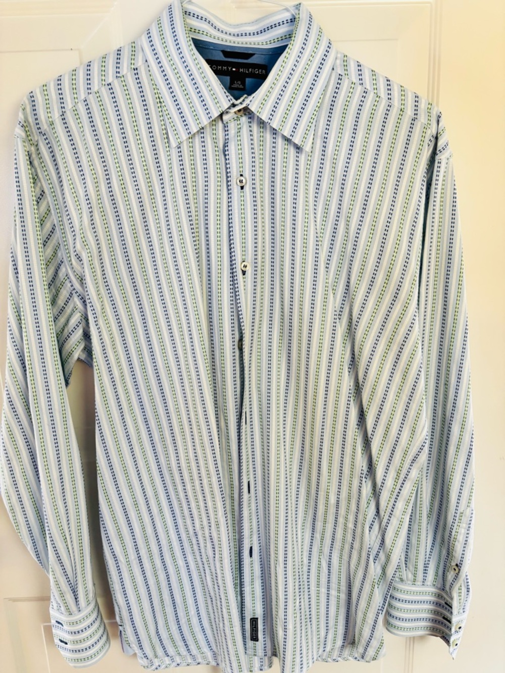 Tommy Hilfiger White Shirt with Blue and Green Stripes